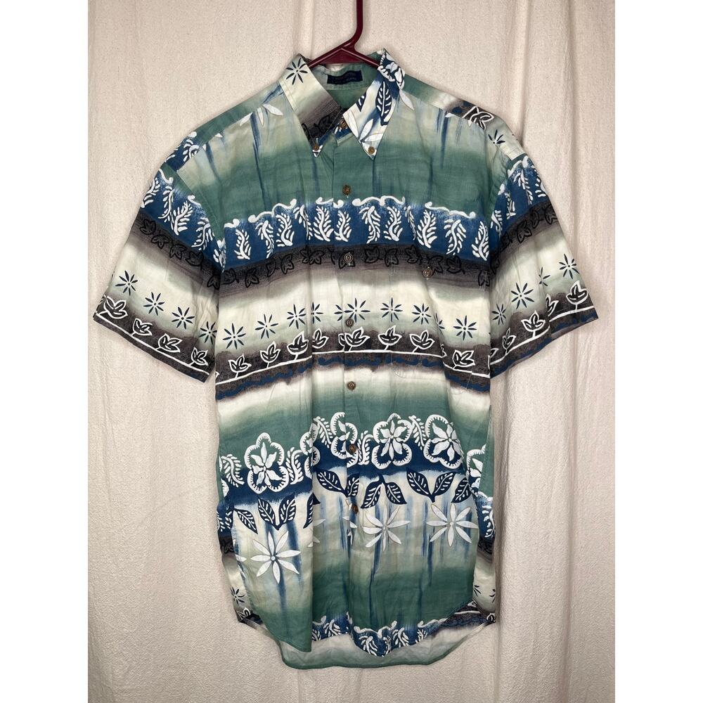 1990s Chaps Ralph Lauren Green Blue Watercolor Floral Hawaiian Tourist Shirt S